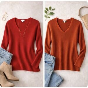 Two J. Jill Women Sweater Medium Red Ribbed Tunic Long Sleeve V Neck